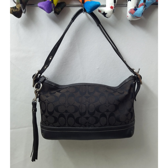 Coach Signature Black Canvas Leather Trim Zipper Closure Hobo Shoulder Bag - Picture 3 of 16